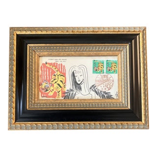 Contemporary Original Abstract Judy Henn Ink Drawing/Collage “First Day as a Cat” Framed For Sale
