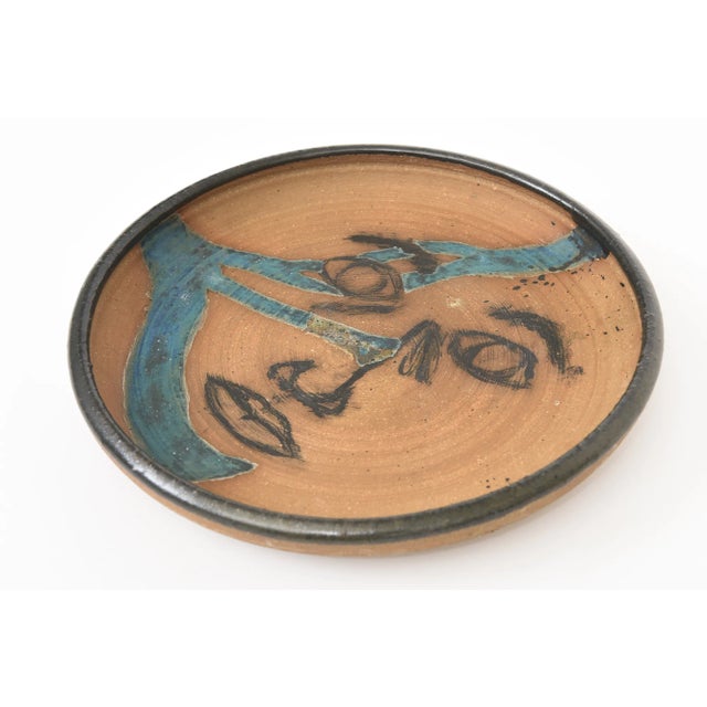 Modern Vintage Ceramic Signed Face Sculpture Bowl Tan, Turquoise, Black For Sale - Image 3 of 10
