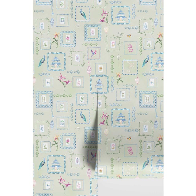 Mahjong Tile Grasscloth Wallpaper by House Party | Green Dragon | 8 Yards For Sale