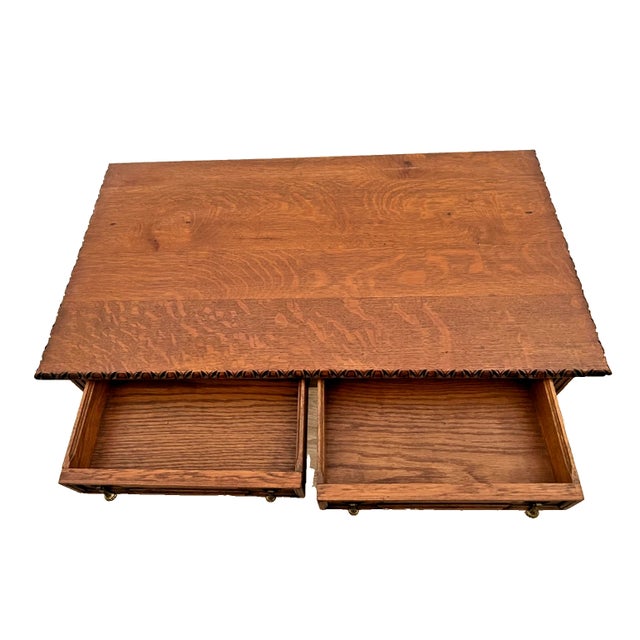 Victorian Early 20th Century Victorian Style Desk Two Drawers Quarter Sawed Tiger Oak Petite Size Hand Carved Top For Sale - Image 3 of 11