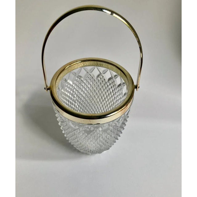Metal Mid Century Clear Crystal Diamond Point & Gold Handled Ice Bucket For Sale - Image 7 of 13