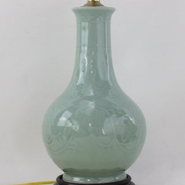 Celadon Pair of Vintage Celadon Green Porcelain Table Lamps Incised Floral Motif With Rosewood Bases For Sale - Image 8 of 16
