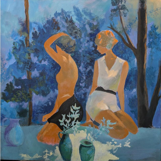 36x36" oil on canvas figurative painting of woodland nymphs... bluish cool background with warm spots of light coming...