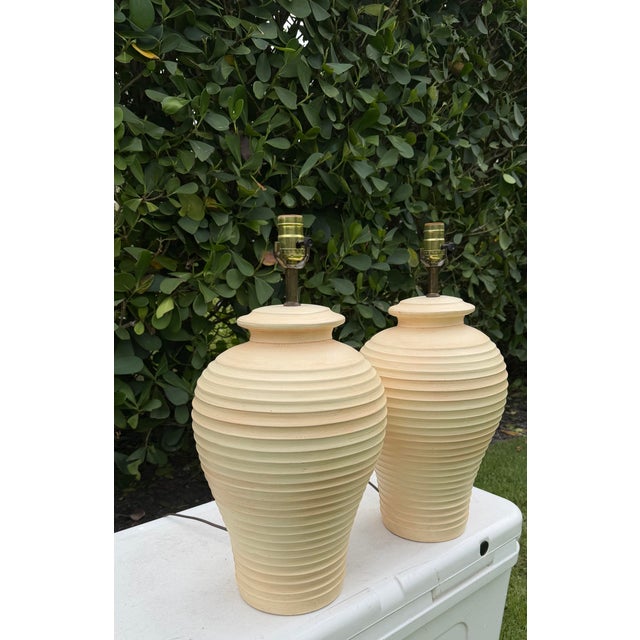 Vintage Ribbed Ceramic Table Lamps – Pair For Sale - Image 4 of 12