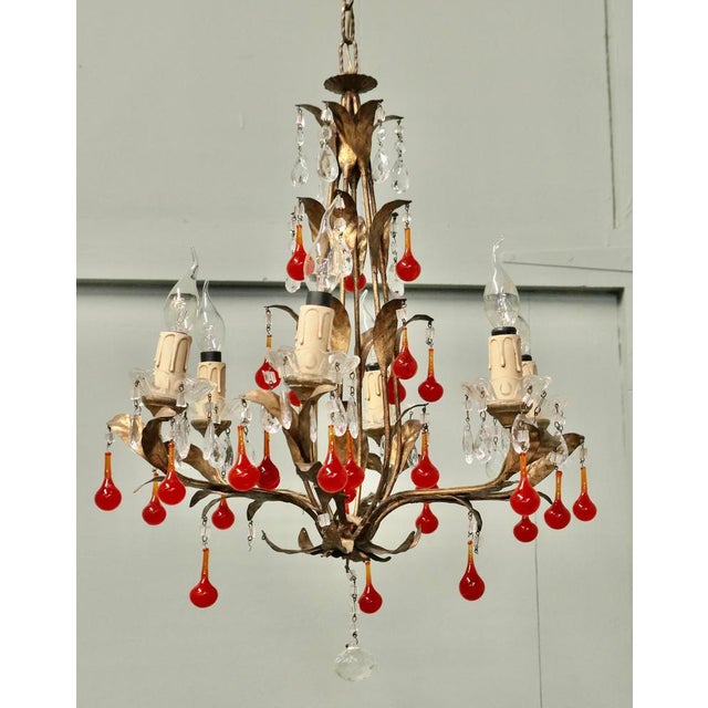 Large French Chandelier with Lipstick Red Teardrops, 1950 For Sale - Image 6 of 9
