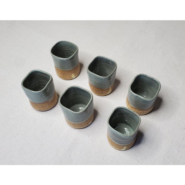 Asian Late 20th Century Asian Wabi Sabi Blue Gray Ceramic Tea Cups- Set of 6 For Sale - Image 3 of 5