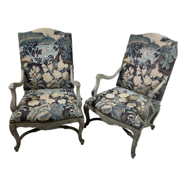 Vintage Pair of Aubusson Needle Point French Style Arm Chairs in Painted Walnut Frames For Sale