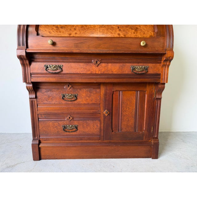Antique Eastlake Victorian Carved Mahogany Secretary Bookcase With Burl Wood Roll-Top Desk For Sale - Image 4 of 12