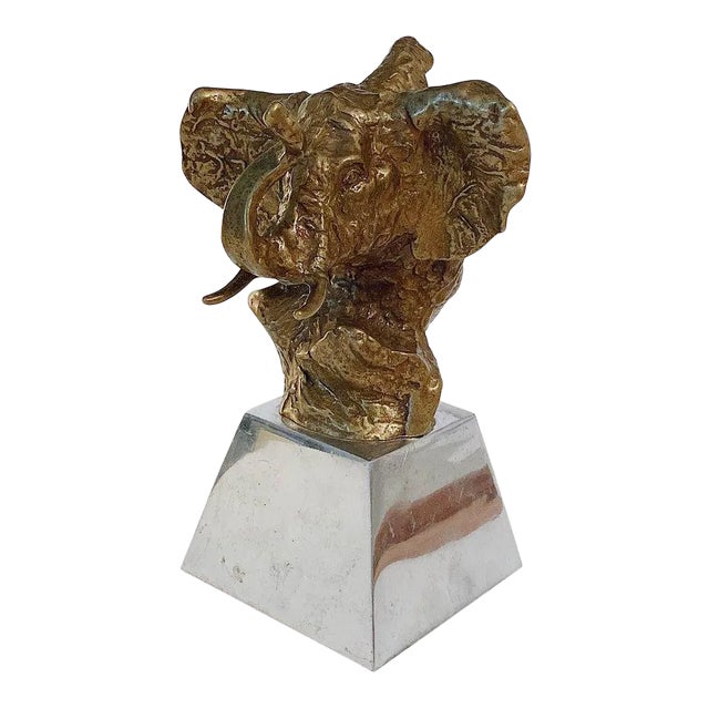 Vintage Mid Century Brutalist Elephant Bust Sculpture in Brass and Aluminum For Sale