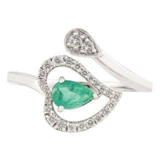 Emerald & Diamond Heart Halo Toi Et Moi Bypass Ring in 14k White Gold Size 5 For Sale