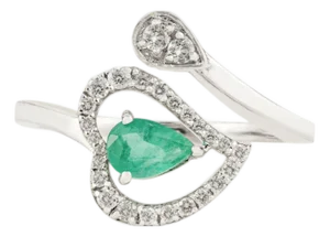 Emerald & Diamond Heart Halo Toi Et Moi Bypass Ring in 14k White Gold Size 5