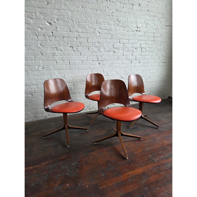 1950s/60s bentwood swivel dining chairs Attributed to George Mulhauser for Plycraft, set of 4! Original orange vinyl...