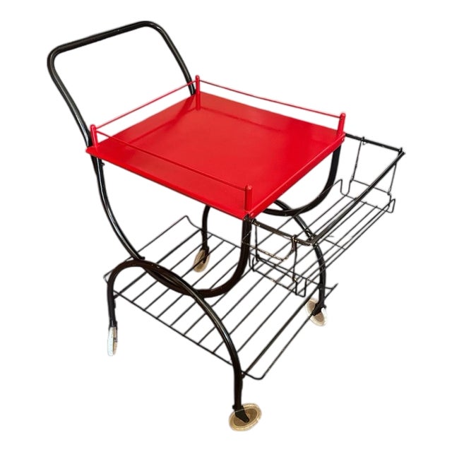 1960s Modernist Red & Black All-Metal Bar Cart With Removable Basket For Sale
