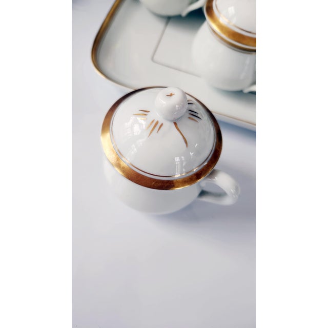Ceramic Vintage Portuguese Porcelain, Hostess Ware, Pot De Creme Set With Tray, Gilt Accents, Set of Eight, Circa 1980s - 9pcs For Sale - Image 7 of 16