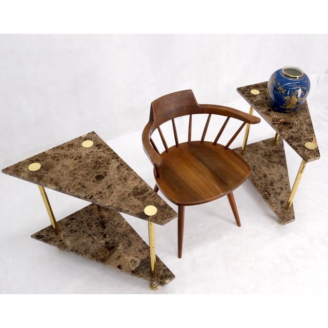 Pair of Italian polished brass marble trapezoid two tier side end tables night stands mint.