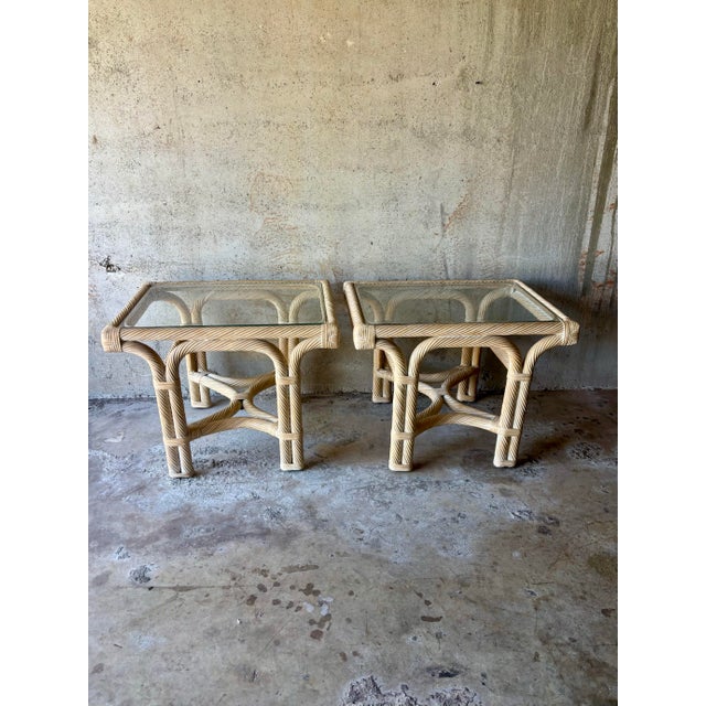Coastal Vintage Coastal Rattan and Glass End Tables - Pair For Sale - Image 3 of 8