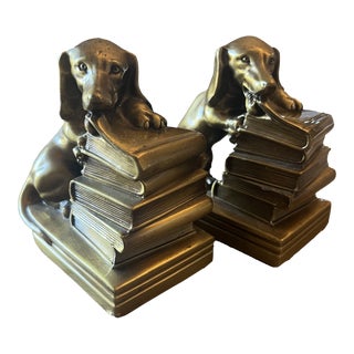 1970s Daschund Biting a Book Brass Bookends - a Pair For Sale
