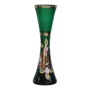 Emerald Green and Gold Hand Painted Flowers Bohemian Glass Bud Vase