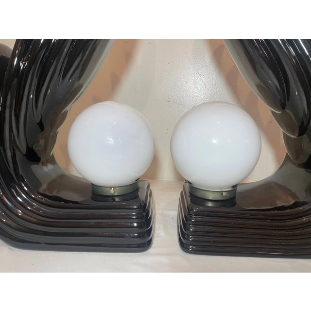 Black Large Pair of Vintage Mid Century Modern Wave Flame Black Ceramic Table Lamps For Sale - Image 8 of 9