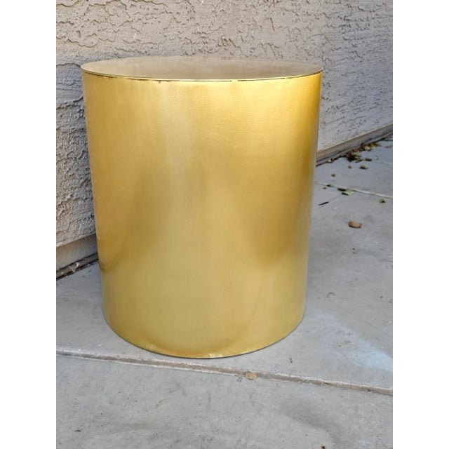 Mid-Century Modern Vintage Solid Brass Drum Table Attributed to Brueton, 1/8" Heavy Gauge Brass, Polished & Lacquered For Sale - Image 3 of 6