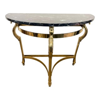 Maison Jansen Style Brass and Black Marble Demilune Console Table For Sale
