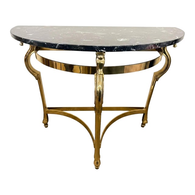 Maison Jansen Style Brass and Black Marble Demilune Console Table For Sale