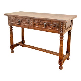 Spanish Walnut Console Table with Geometric Carved Drawers, 1920s For Sale