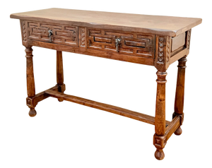 Spanish Walnut Console Table with Geometric Carved Drawers, 1920s