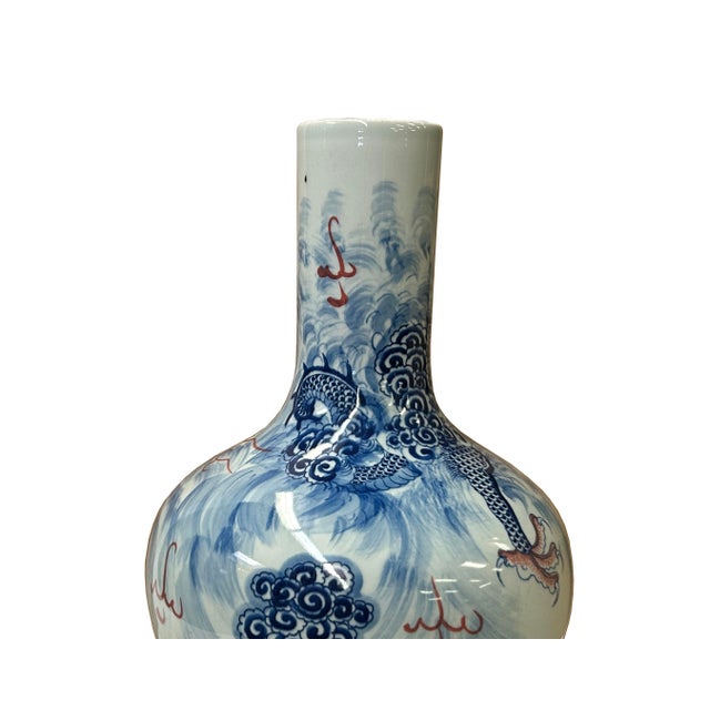 Oriental Blue Red Dragon Graphic Fat Body White Porcelain Art Vase For Sale - Image 11 of 17