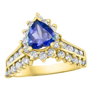 1.25 Carat Heart Shape Tanzanite and 1.5 Carat Diamond Ring 14 Karat Yellow Gold For Sale