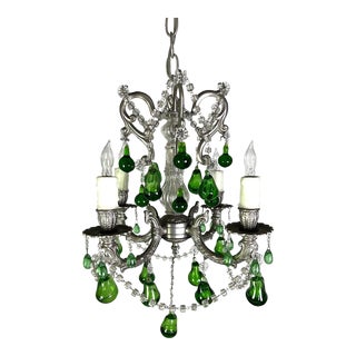 French Crystal Beaded Chandelier W/ Emerald Green Drops For Sale