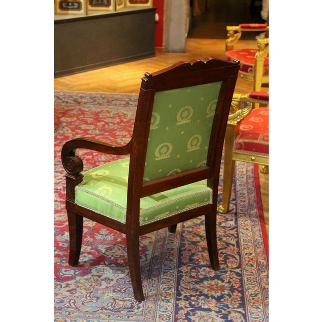 Set of 18th Century French Mahogany and Green Silk Upholster High Back Armchairs For Sale - Image 5 of 16