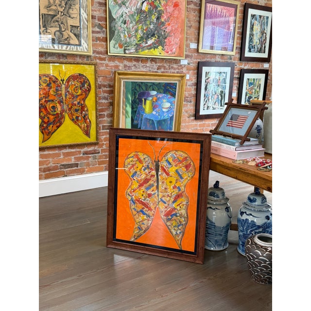 Vintage Peter Passuntino Mosaic Butterfly on Orange Oil Painting - Gold Frame For Sale In Philadelphia - Image 6 of 8