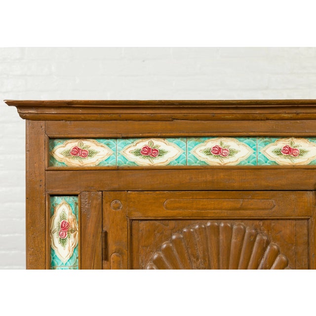 Wood Indian Small Cabinet with Sunburst Design and Hand Painted Tiles with Rose Motif For Sale - Image 7 of 13