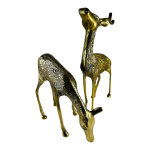 Set of Two Solid, Brass, Reindeer, Figurines, Statues Mid Century