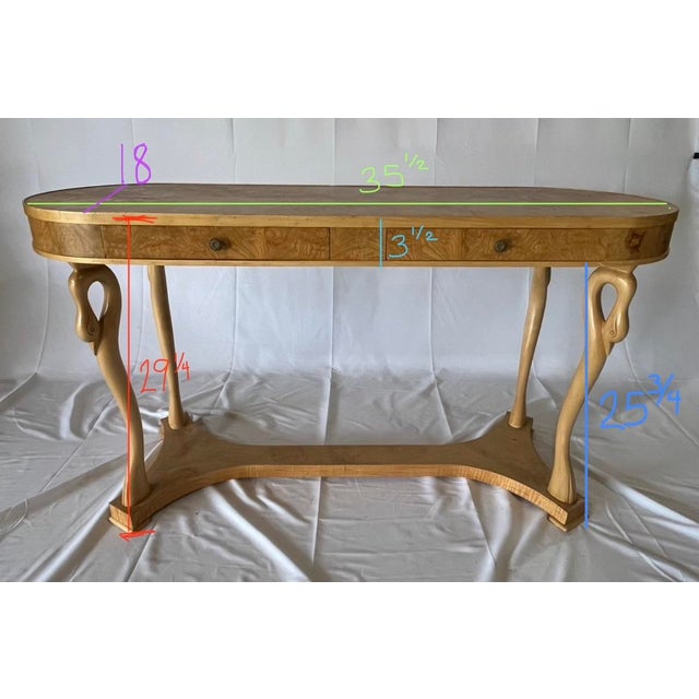 1980s Italian Hollywood Regency Oyster Burl Kidney Console Table With Carved Swans For Sale - Image 6 of 12