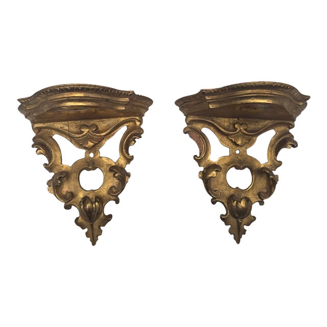 Antique Pair Carved Giltwood Rococo Wall Bracket Shelves Italian Style 11” For Sale