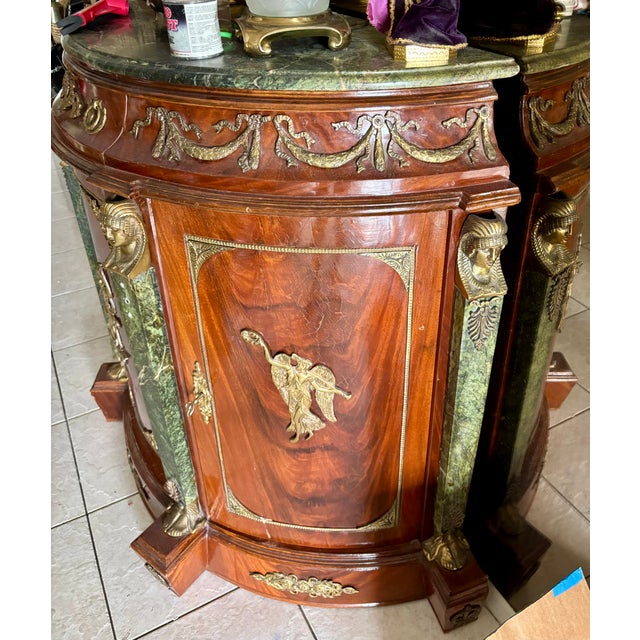 Mid-Century Modern Vintage French Empire Style Demilune Marble Top Bar Cabinet With Bronze Ormolu For Sale - Image 3 of 8