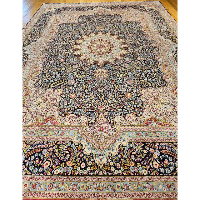 Antique Oversized Persian Kerman Lavar Rug, Hand-Knotted Wool, Millefleur Floral Pattern, Navy & Ivory, 10x14 For Sale - Image 9 of 17
