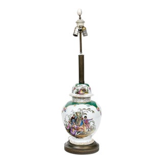 Antique Continental Hand-Painted Porcelain Baluster Jar Table Lamp | Watteau Figural Scenes | C. 1890 For Sale