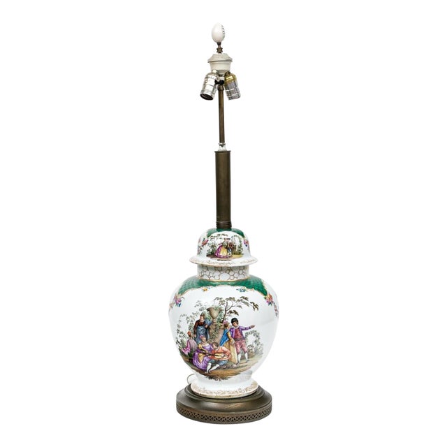Antique Continental Hand-Painted Porcelain Baluster Jar Table Lamp | Watteau Figural Scenes | C. 1890 For Sale