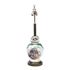 Antique Continental Hand-Painted Porcelain Baluster Jar Table Lamp | Watteau Figural Scenes | C. 1890