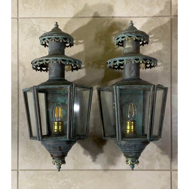 Antique/Vintage Pair of Solid Brass Patina Exterior Wall Lanterns / Sconces For Sale - Image 16 of 18