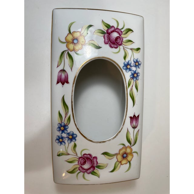 Ceramic Vintage German Hand-Painted Porcelain Tissue Box Cover With Floral Decoration & Gold Trim For Sale - Image 7 of 11