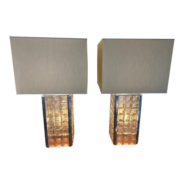 Pair of Glass Cube Lamps and Stainless Steel Metal by Poliarte, Italy, 1970s For Sale