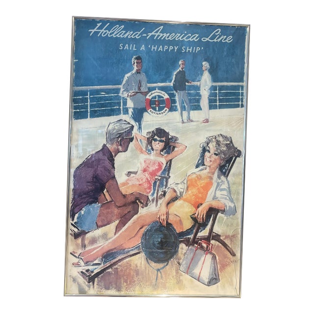 Vintage Lithograph Print Holland American Line Sail a ‘Happy Ship’ For Sale