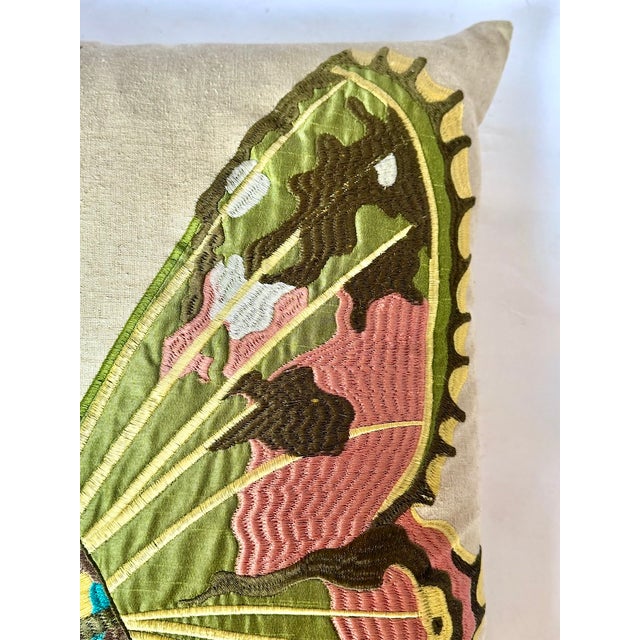 Beige Vintage Silk Embroidered Butterfly Linen Pillow For Sale - Image 8 of 11