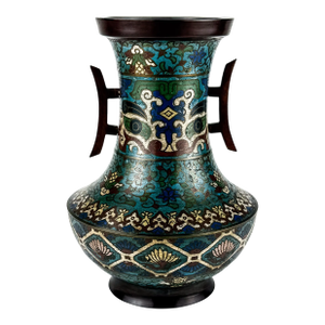 Extra Large Vintage Japanese Cloisonné Bronze Champleve 2 Handle Vase Urn