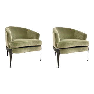 Modern Sage Green Velvet Curved Back Club Chairs - a Pair For Sale