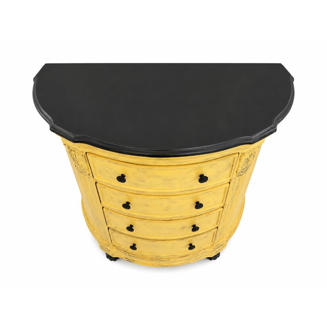 French Provincial Vintage French Provincial Serpentine Dresser – Hand‑Painted Yellow Chest With Black Granite Top – Curved Front, Distressed Finish For Sale - Image 3 of 8